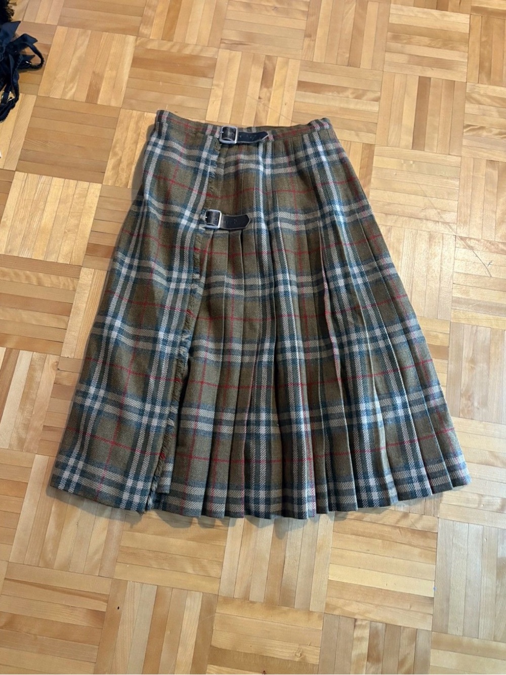Burberry Olive Green Plaid Pleated Wrap Kilt Skirt